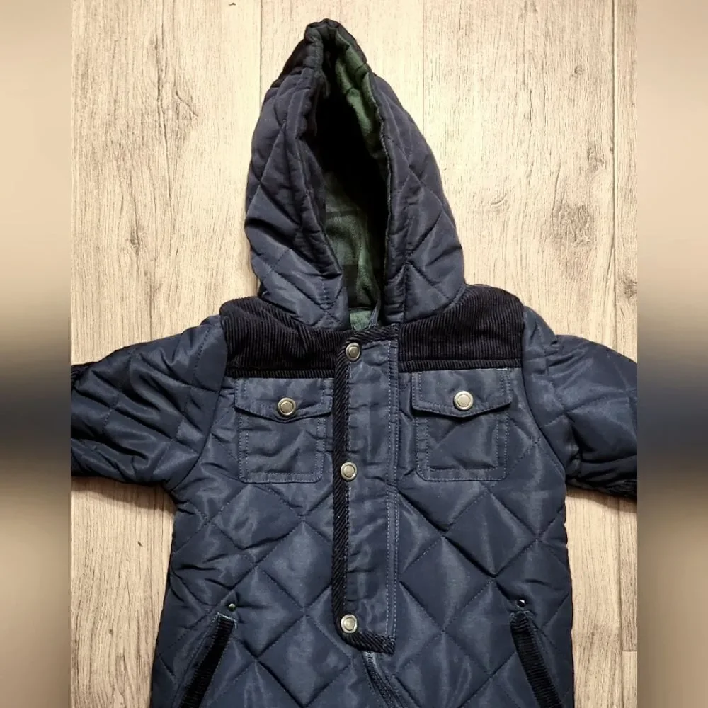 Rothschild Quilted Snowsuit Plaid Lining Corduroy Trim Navy Blue Black Size 3-6M